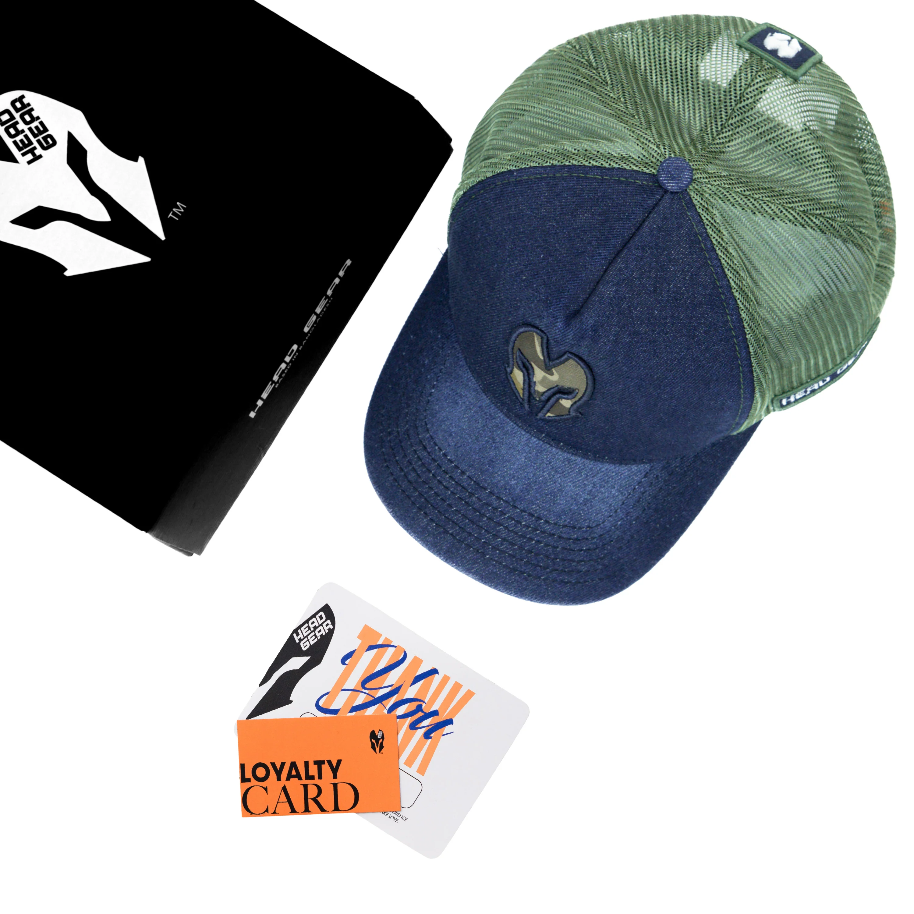 HEAD GEAR NAVY BLUE GREEN DENIM TRUCKER CAP - Image 2