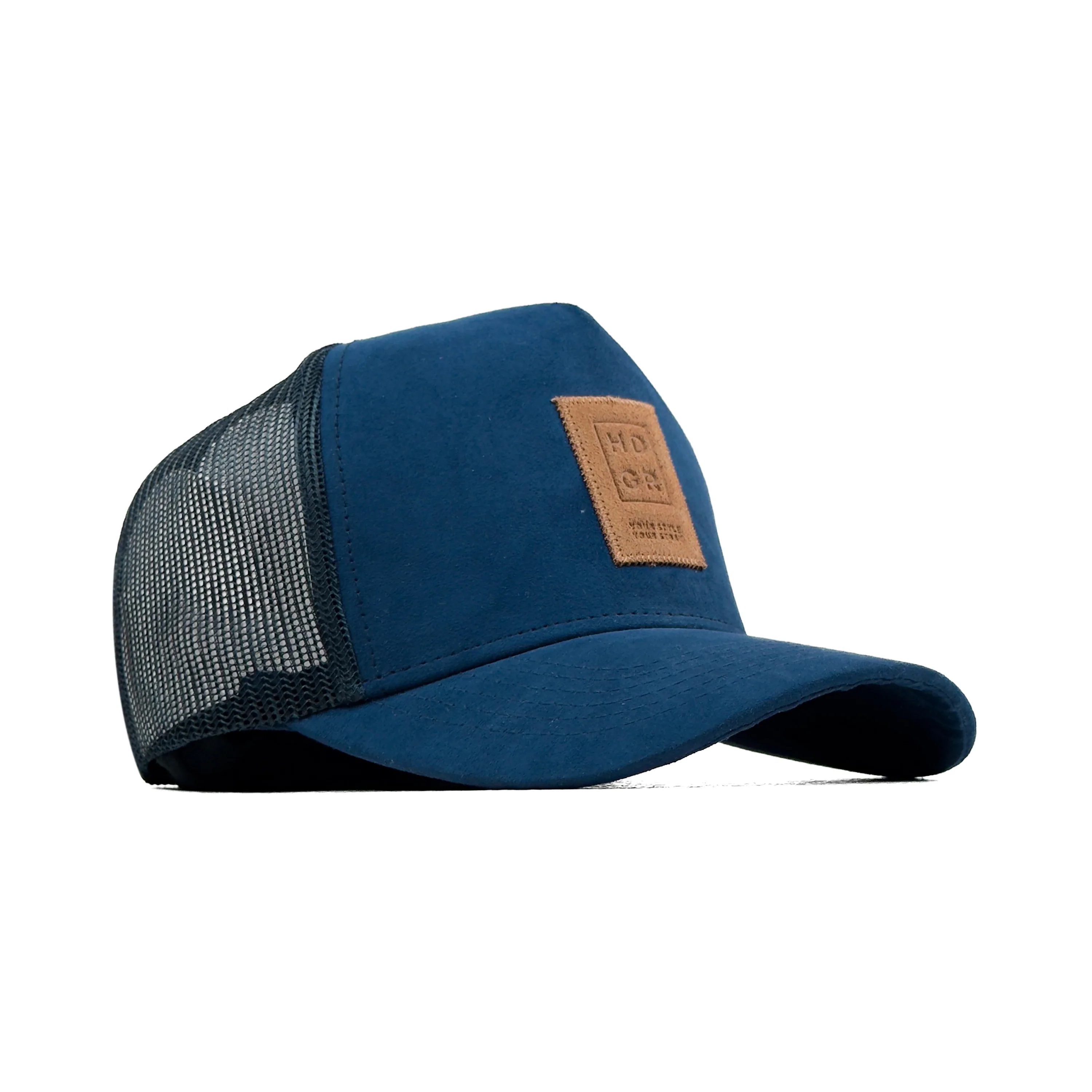 HEAD GEAR NAVY BLUE TRUCKER LEATHER PATCH CAP - Image 3