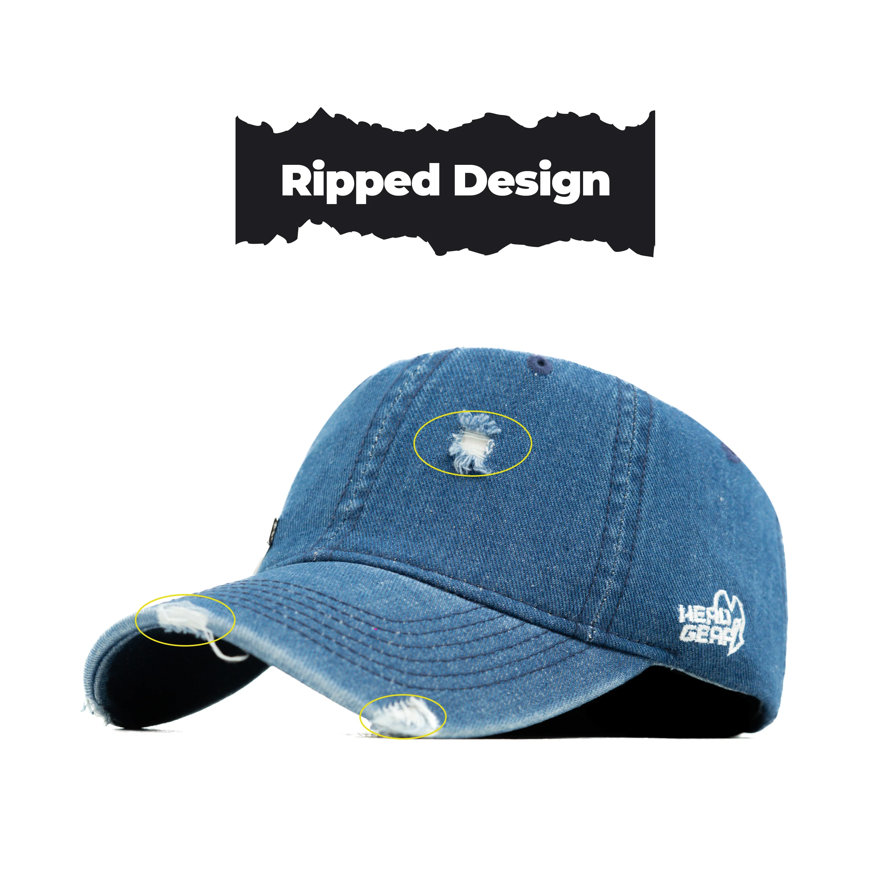 HEAD GEAR WASHED DENIM METAL PATCH RIPPED CAP - BLUE - Image 15