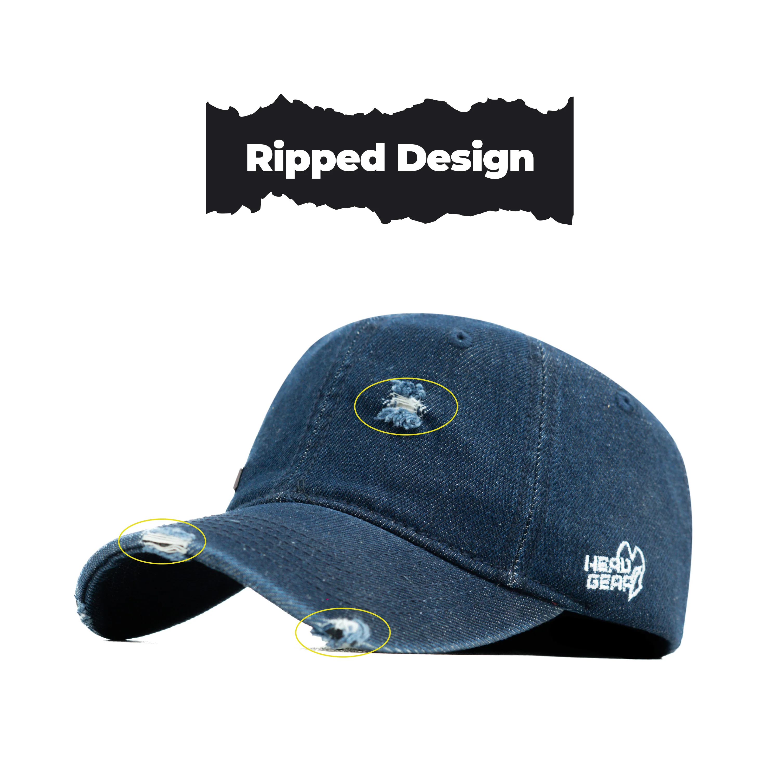 HEAD GEAR WASHED DENIM METAL PATCH RIPPED CAP - DARK NAVY BLUE - Image 15