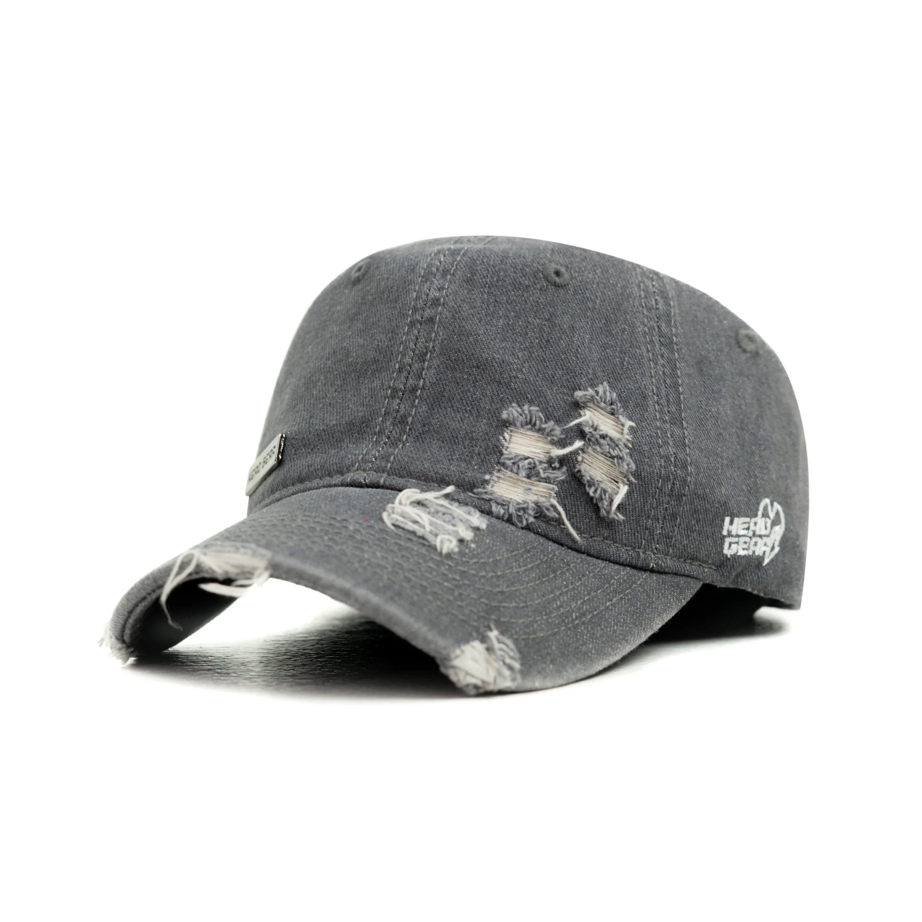HEAD GEAR WASHED DENIM METAL PATCH RIPPED CAP - GREY - Image 5